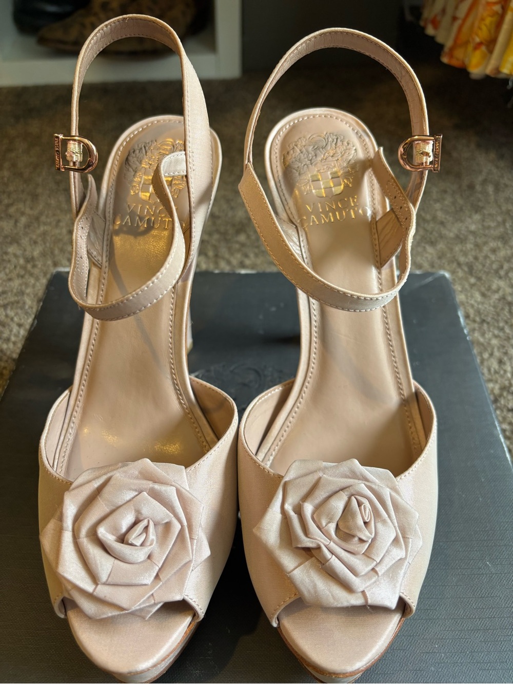 Vince Camuto Soft Blush Pink Peep-Toe Slingback Heels with Floral Rosette